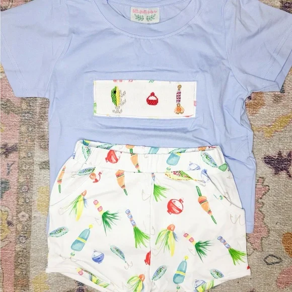 Tutti Fruitti Light Blue Boy Tee with Smocked Fishing Lure an Print Shorts - Picture 1 of 1